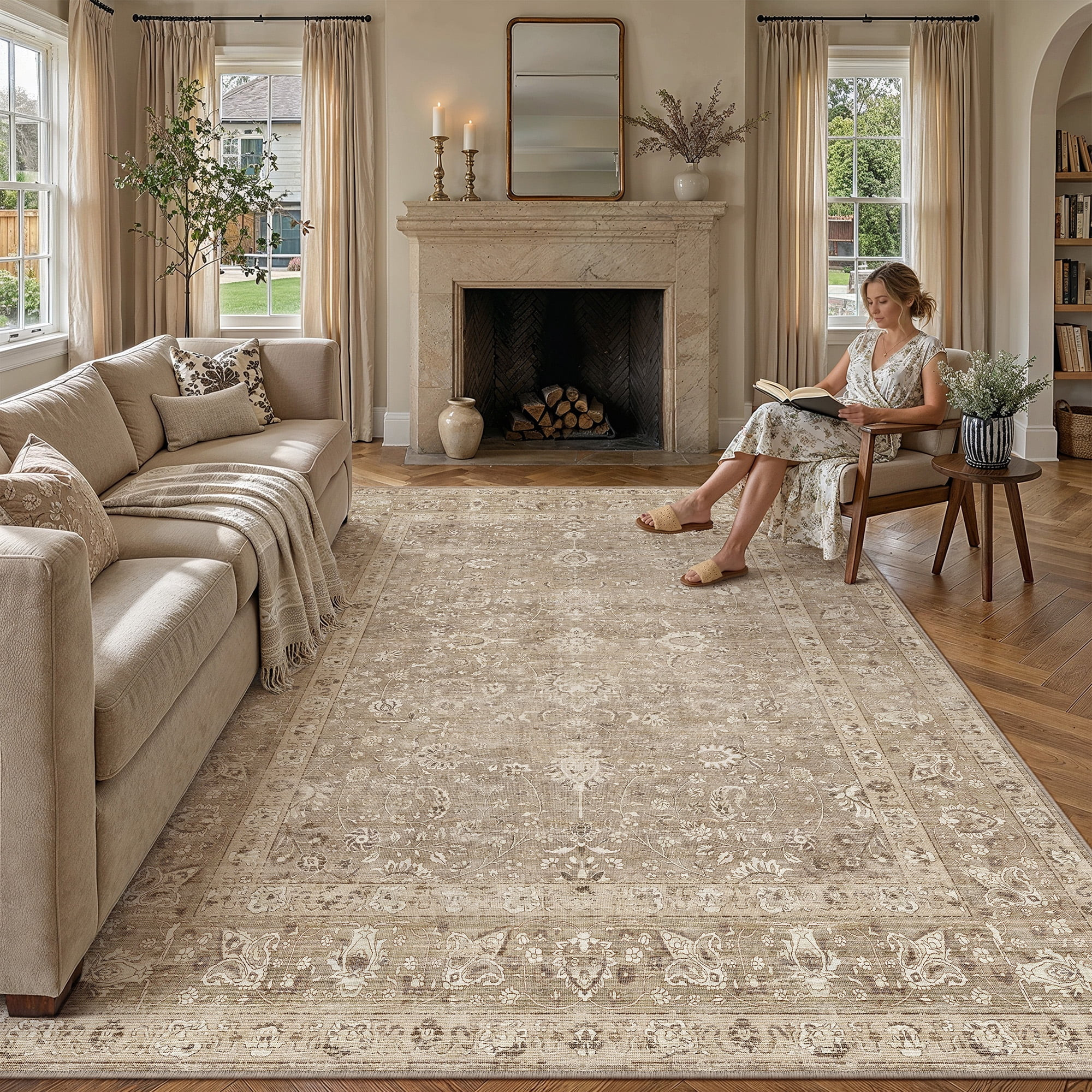 BERTHMEER 8'x10' Area Rugs for Living Room Dining Room Bedroom Farmhouse Office Distressed Vintage Washable Traditional Non Slip Rugs Carpets, Brown | Walmart (US)