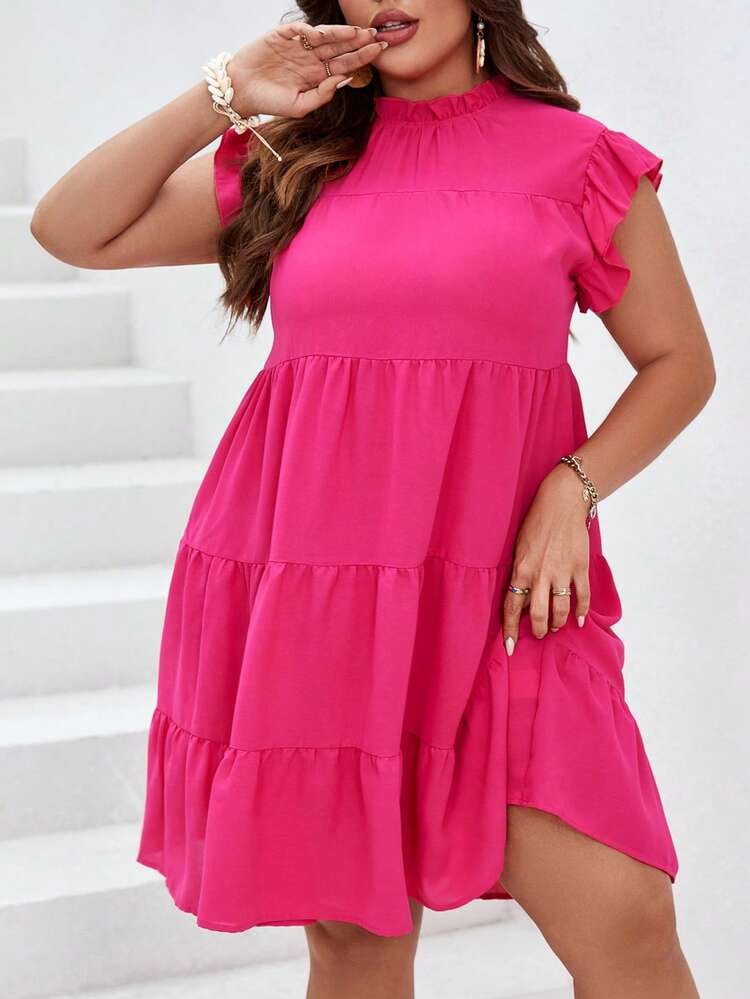 SHEIN VCAY Plus Frill Neck Ruffle Hem Smock Dress | SHEIN