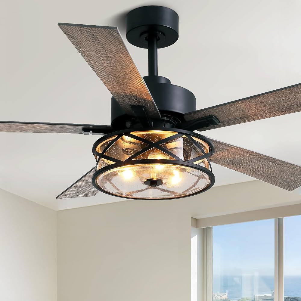 Farmhouse Ceiling Fans with Lights and Remote Control, 52 Inch Industrial Fandelier with Bubble G... | Amazon (US)