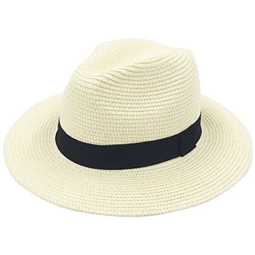 Lanzom Women Wide Brim Straw Panama Roll up Hat Fedora Beach Sun Hat UPF50+ (A-Beige) | Amazon (US)