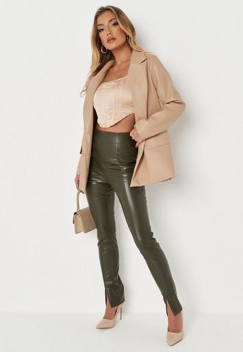 Missguided - Khaki Faux Leather Seam Slim Leg Pants | Missguided (US & CA)