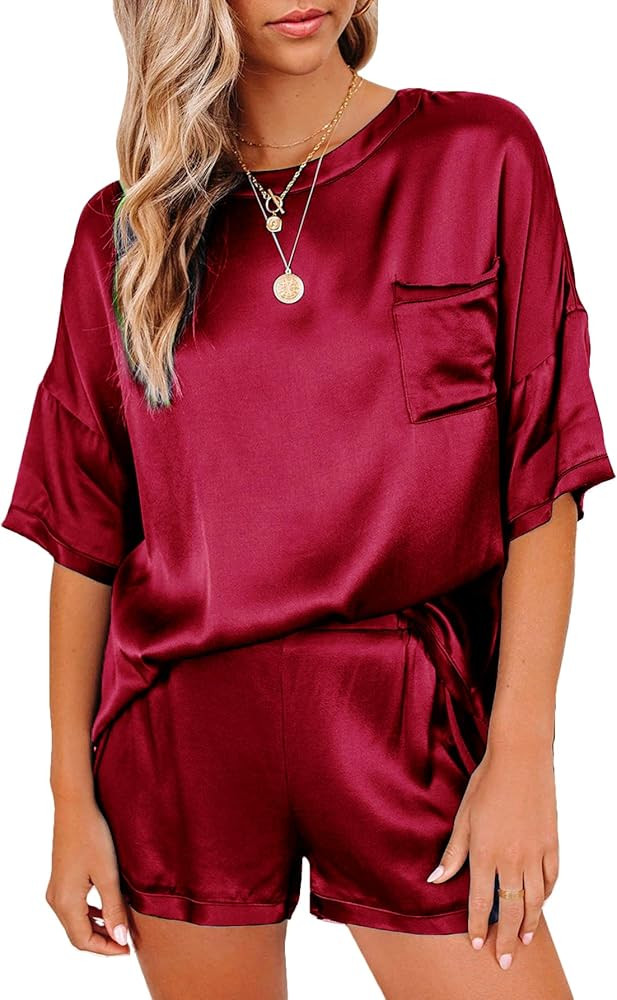 LYANER Women's Satin Silky Pajama Set Short Sleeve T-shirt With Shorts Set PJ Loungewear | Amazon (US)