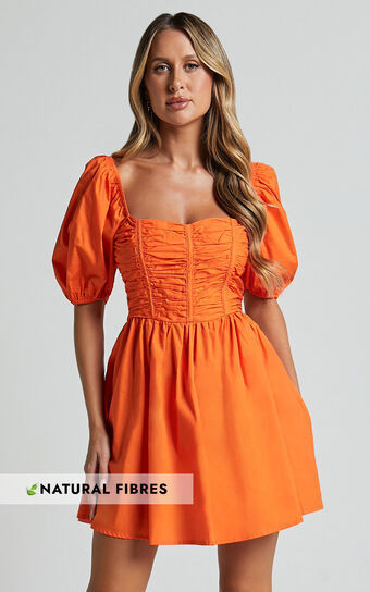 Jellina Mini Dress - Short Puff Sleeve Ruched Bodice Dress in Orange | Showpo (US, UK & Europe)