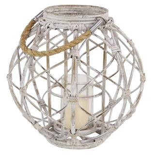 Large Round Woven Rattan White Lantern with Candle Burlap Jute Rope Handle and Glass Insert | The Home Depot