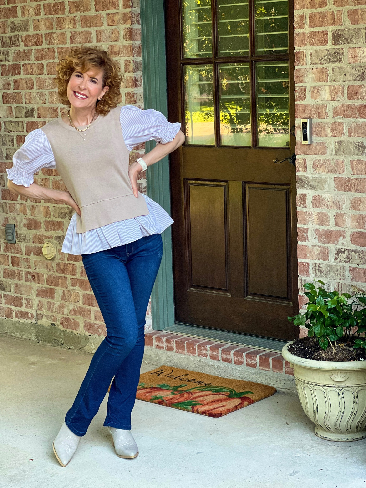 Fall outfit, fall top, layered sweater, neutral look, neutral fall
Outfit, boot cut jeans, western look booties

This layered look puff sleeve top is perfect for fall! I paired it with boot cut jeans and western style booties. I layered on gold chains and gold and pave Tory Burch stud earrings.

#LTKshoecrush #LTKSeasonal #LTKstyletip