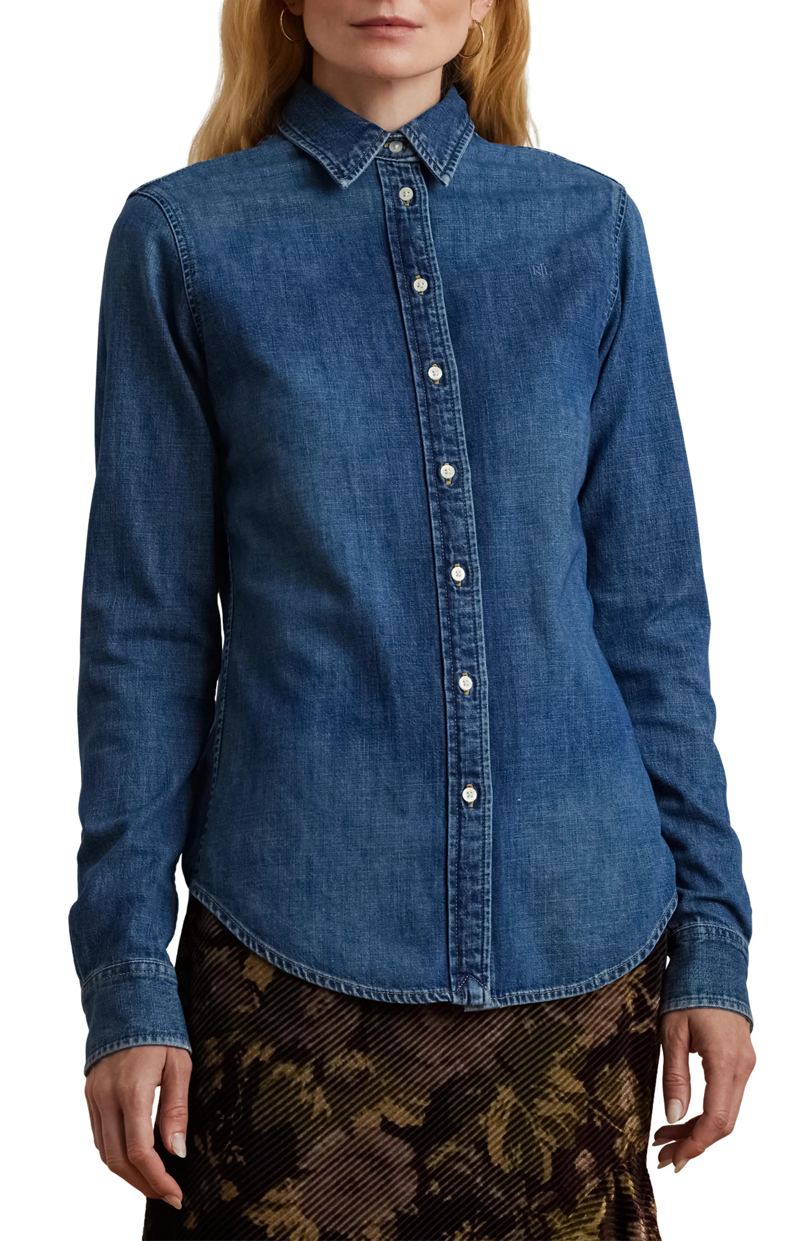 Lauren Ralph Lauren Jamelko Denim Button-Up Shirt in Harvest Wash at Nordstrom, Size X-Large | Nordstrom