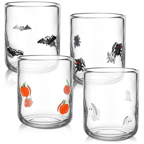 Skylety 4 Pcs Halloween Icon Glass Cups Set - 14oz Pumpkin Spider Bat Ghost Stemless Wine Glasses Double Old Fashioned Icon Hand Blown Drinking Cups for Halloween Party Supplies & Gift | Amazon (US)