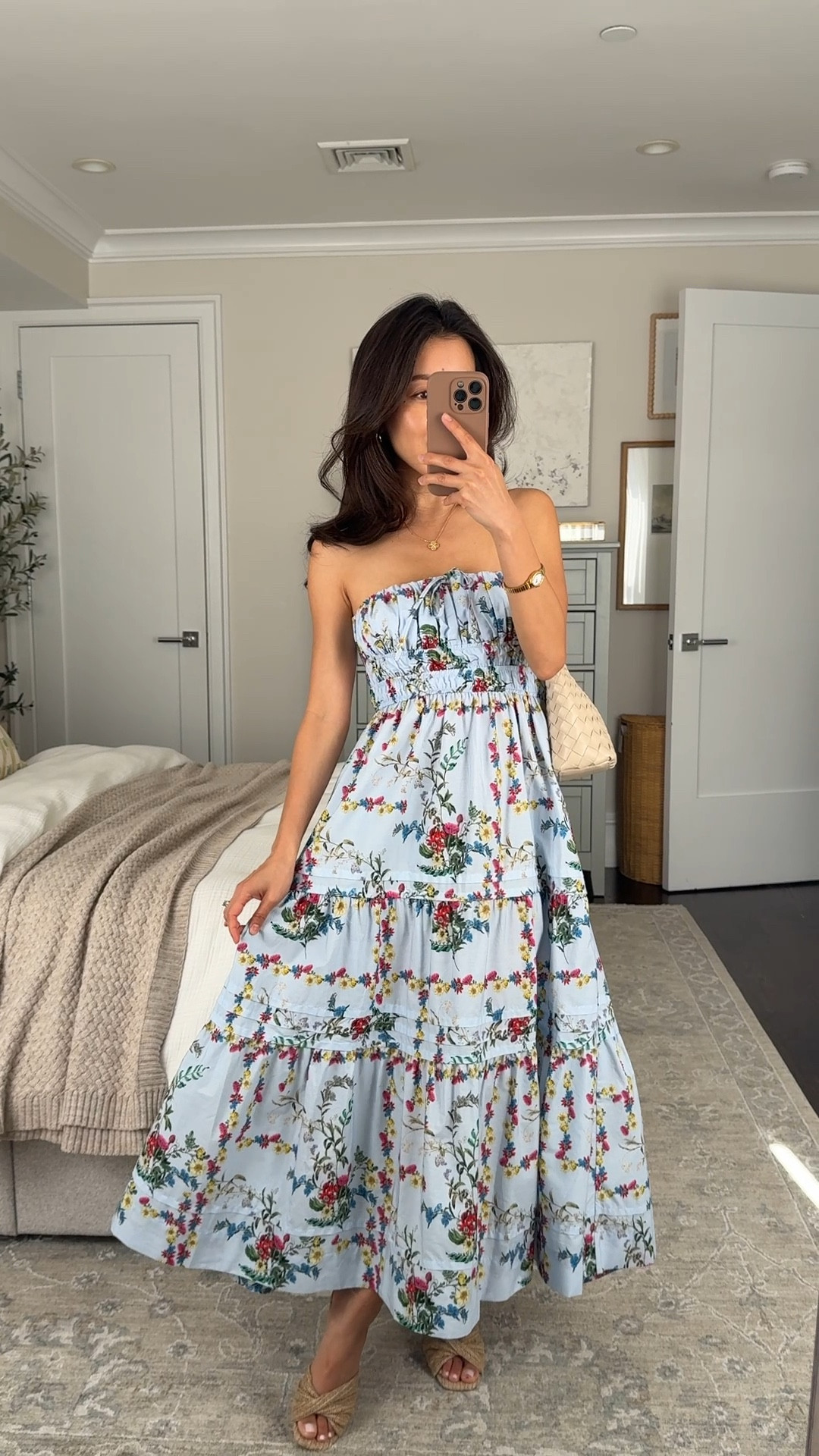 Strapless spring summer dress with flattering cinched gathered waist, tiered flowy skirt and pockets. 

XXs petite in this print is slightly loose on me at the bust so I’d size down for a snug fit up there

Wedge sandals 5/5.5

Woven bag with liner  

#LTKSeasonal #LTKPetite