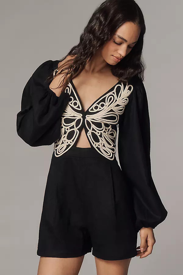Farm Rio x Anthropologie Embroidered Long-Sleeve Romper | Anthropologie (US)