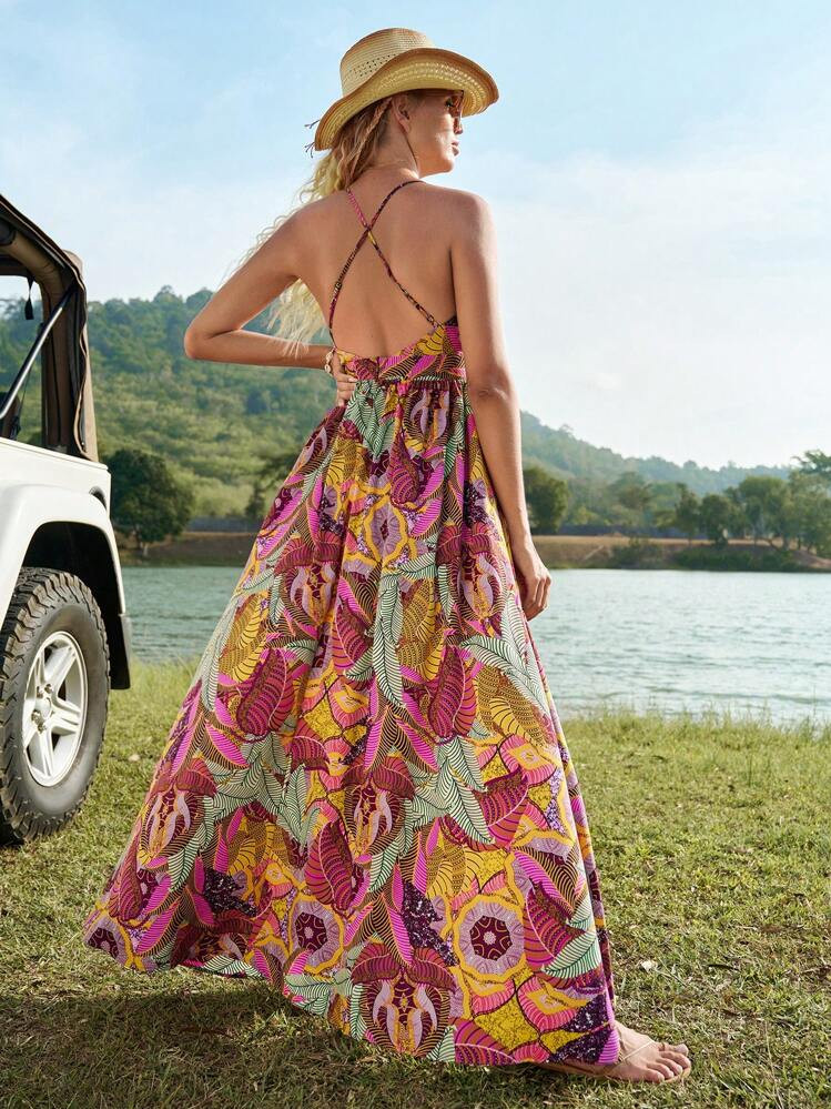 SHEIN VCAY Tropical Print Criss Cross Tie Backless Cami Dress | SHEIN