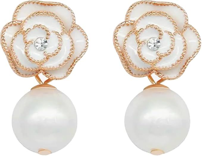 Camellia Flower Fashion Jewelry Chandelier Dangle Drop Stud Celebrity Design Earrings with Imitat... | Amazon (US)
