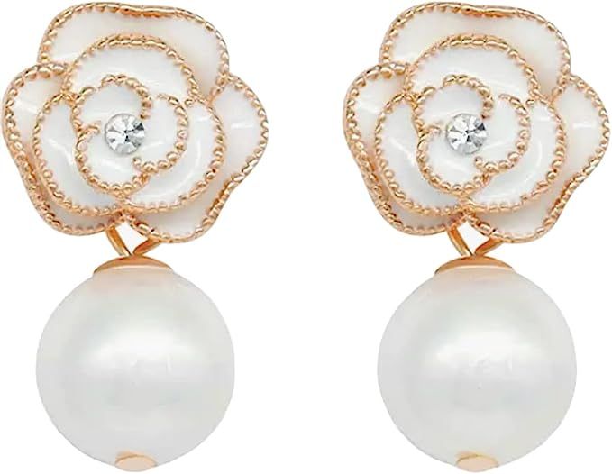 Camellia Flower Fashion Jewelry Chandelier Dangle Drop Stud Celebrity Design Earrings with Imitat... | Amazon (US)