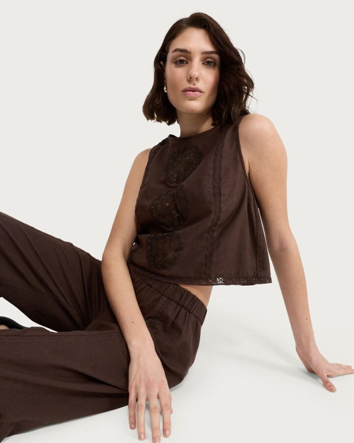 F&F Embroidered Sleeveless Co-ord Beach Blouse in Brown | Tesco F&F