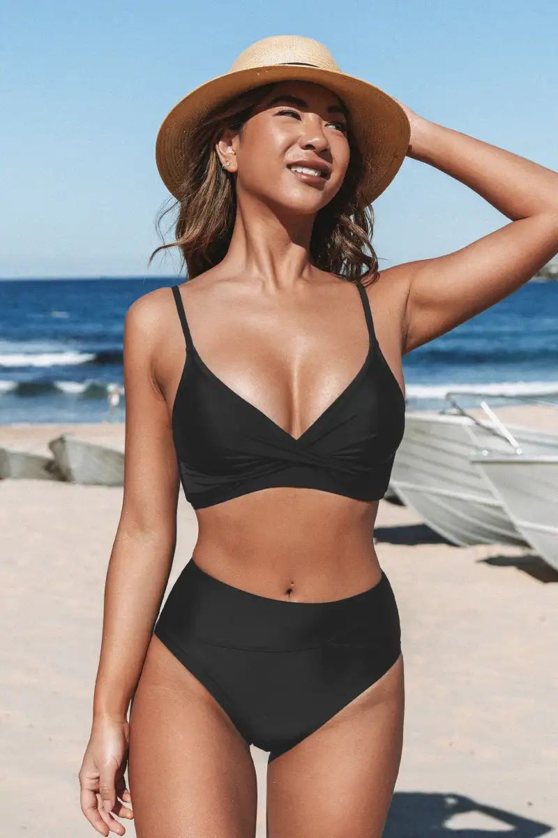 Marsala Black Wrap Front Bralette And Asymmetric High Waist Set | Cupshe US