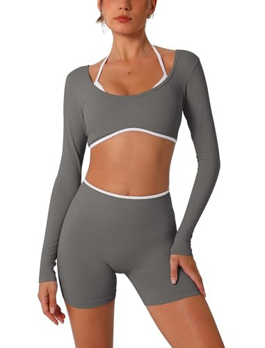 ABOCIW Workout Sets for Women Long Sleeve Crop Top Scrunch Butt High Waist Biker Shorts Gym Set Fall Winter Work Out Clothes Gray X-Small | Amazon (US)