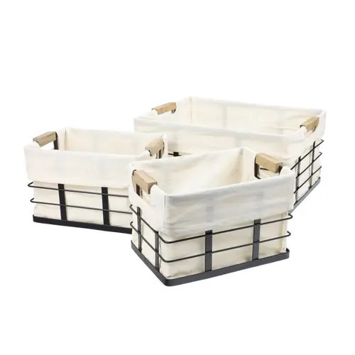 HAPPIMESS Callan Vintage Industrial Handmade Wire Metal Nesting Storage Baskets with Wood Handles and Fabric Liner in Black at Nordstrom | Nordstrom
