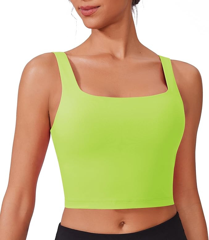 PINSPARK Sports Bra for Women Square Neck Longline Tank Top with Built in Bra | Amazon (US)