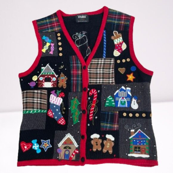 Designers Originals Studio Joy Patchwork Christmas Sweater Vest Size L | Poshmark