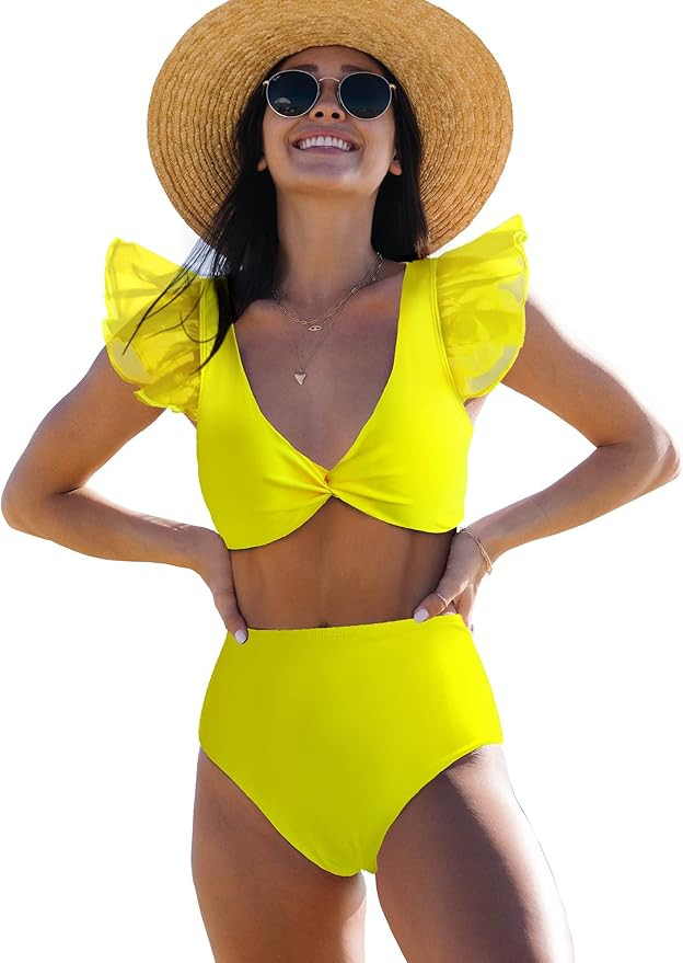 SPORLIKE Women Ruffle High Waist Swimsuit Two Pieces Push Up Tropical Print Bikini | Amazon (US)