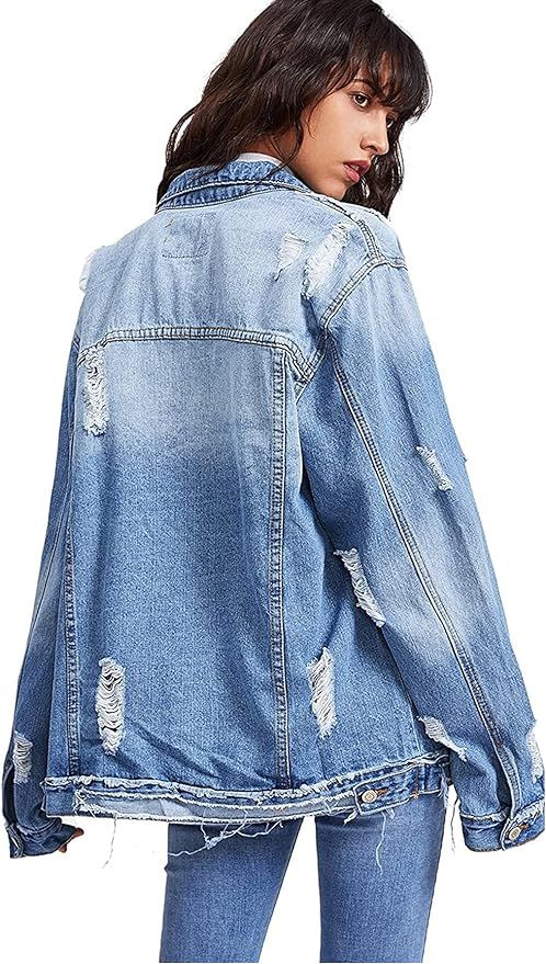 Floerns Women's Ripped Distressed Casual Long Sleeve Denim Jacket | Amazon (US)