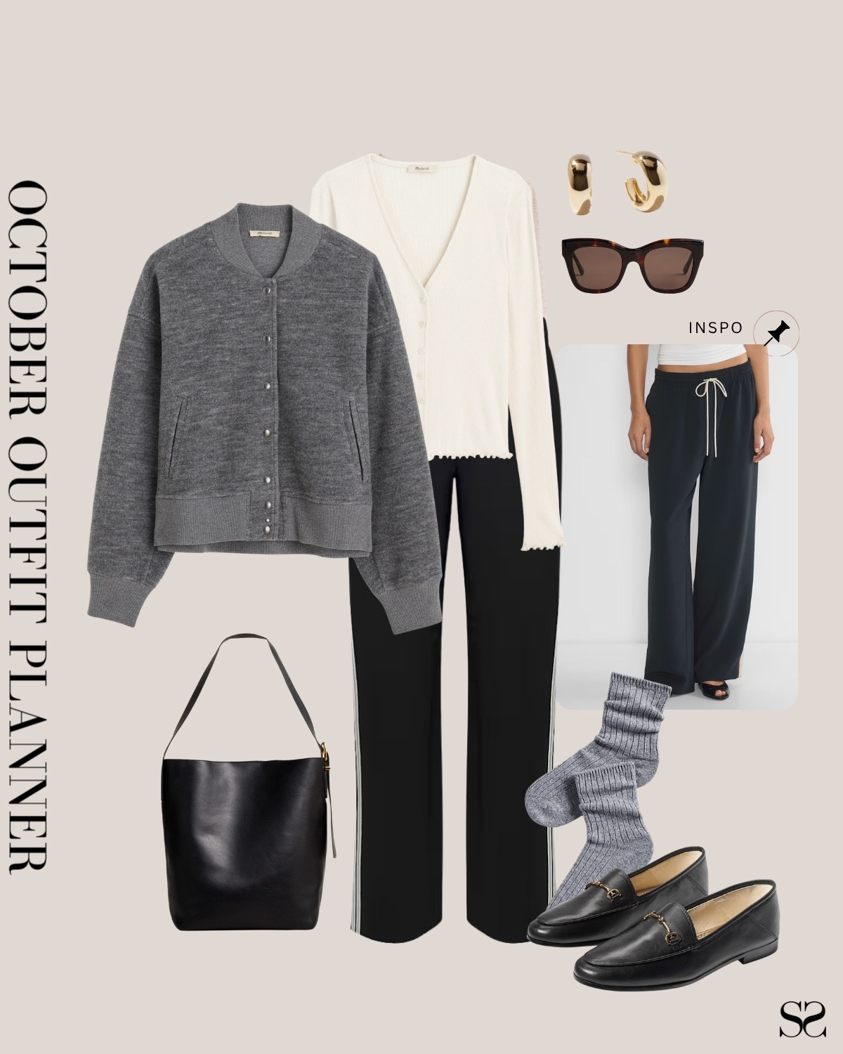 Monthly outfit planner NOVEMBER: Fall outfits | track pull on pants, bomber jacket loafers, leather tote 

#falloutfit #classicstyle #casualstyle 

Image inspo credit: Aritzia 


#LTKSeasonal #LTKStyleTip