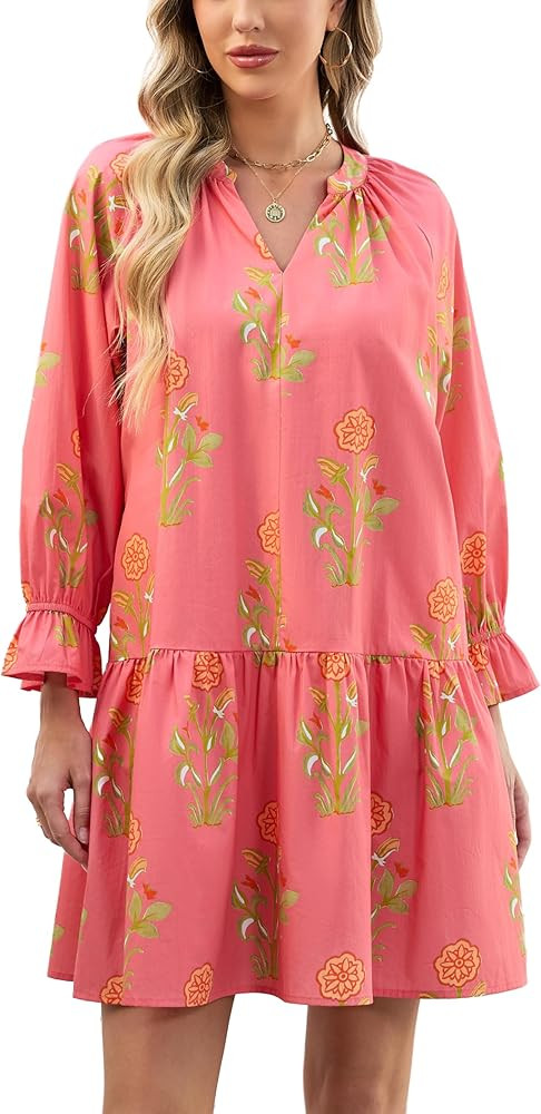 Women's 2026 Summer Boho Floral Mini Dress V Neck Puff Long Sleeve Ruffle Tiered Flowy Beach Vaca... | Amazon (US)