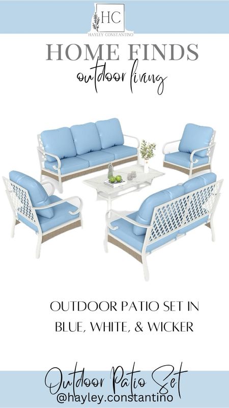 Outdoor patio Set with light blue cushions, white metal framing, and light wicker accents

Outdoor living
Outdoor spaces 
Outdoor Conversation Ser

#LTKfamily #LTKhome #LTKswim
