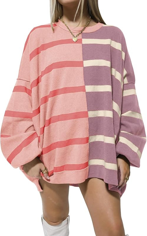 Womens Striped Pullover Sweater Crew Neck Long Sleeve Knitted Color Block Casual Loose Lightweigh... | Amazon (US)