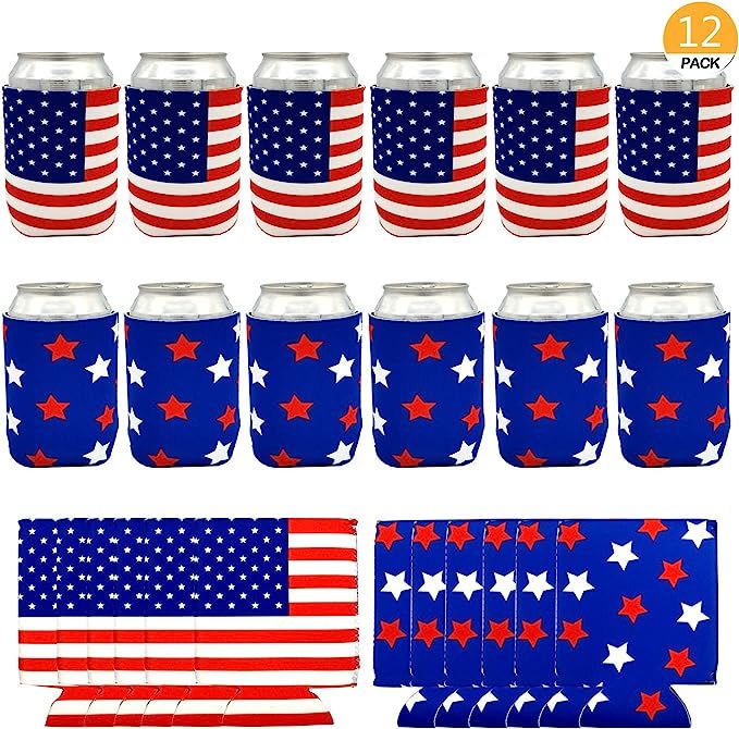 Onene 12 pieces American Flag Can Cooler Sleeves, Neoprene Beer Coolies for Cans and Bottles, Col... | Amazon (US)