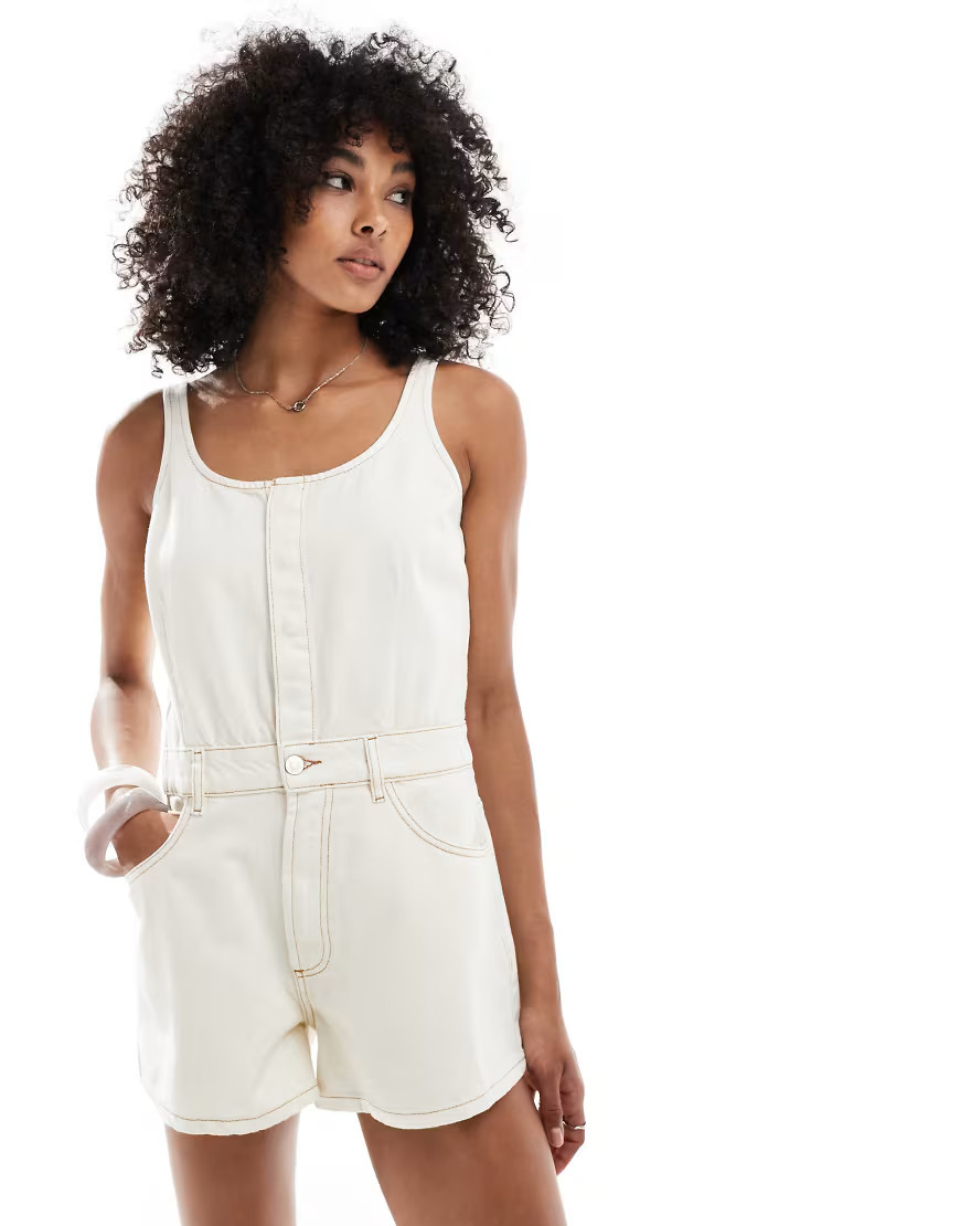 ASOS DESIGN denim a line romper in ecru-White | ASOS (Global)