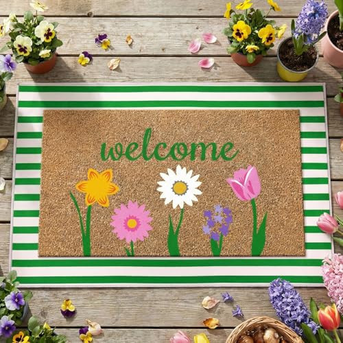 Moucuny 2 Pcs Spring Coir Doormat Outdoor Flower Welcome Outdoor Rug Front Porch Mats Layered Green and White Stripe Rugs for Spring Front Porch Entryway Decor | Amazon (US)
