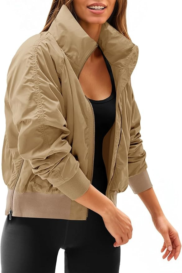 Fisoew Womens Windbreaker Crop Jackets Long Sleeve Zip Up Hidden Hooded Winter Bomber Jacket with... | Amazon (US)