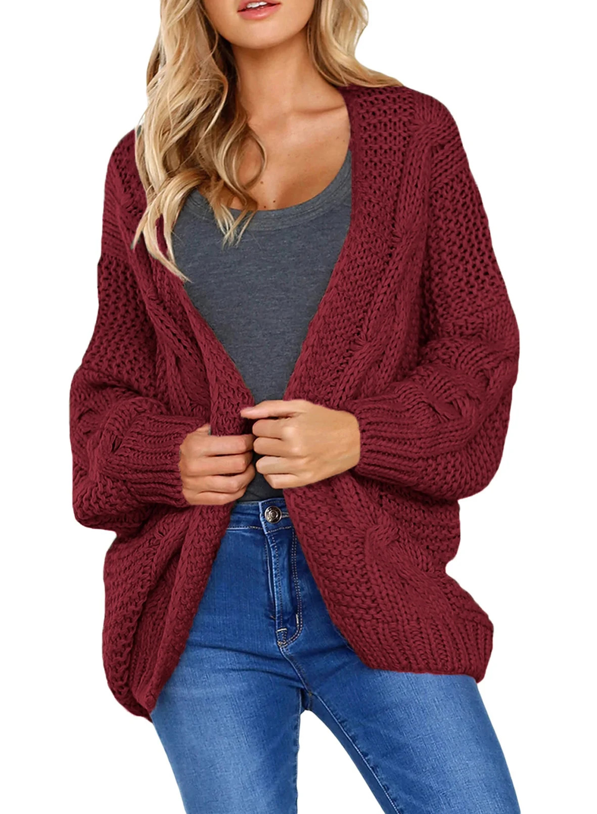 SHEWIN Womens Open Front Cardigans Sweater Red Chunky Cable Knit Sweaters for Women Long Sleeve C... | Walmart (US)