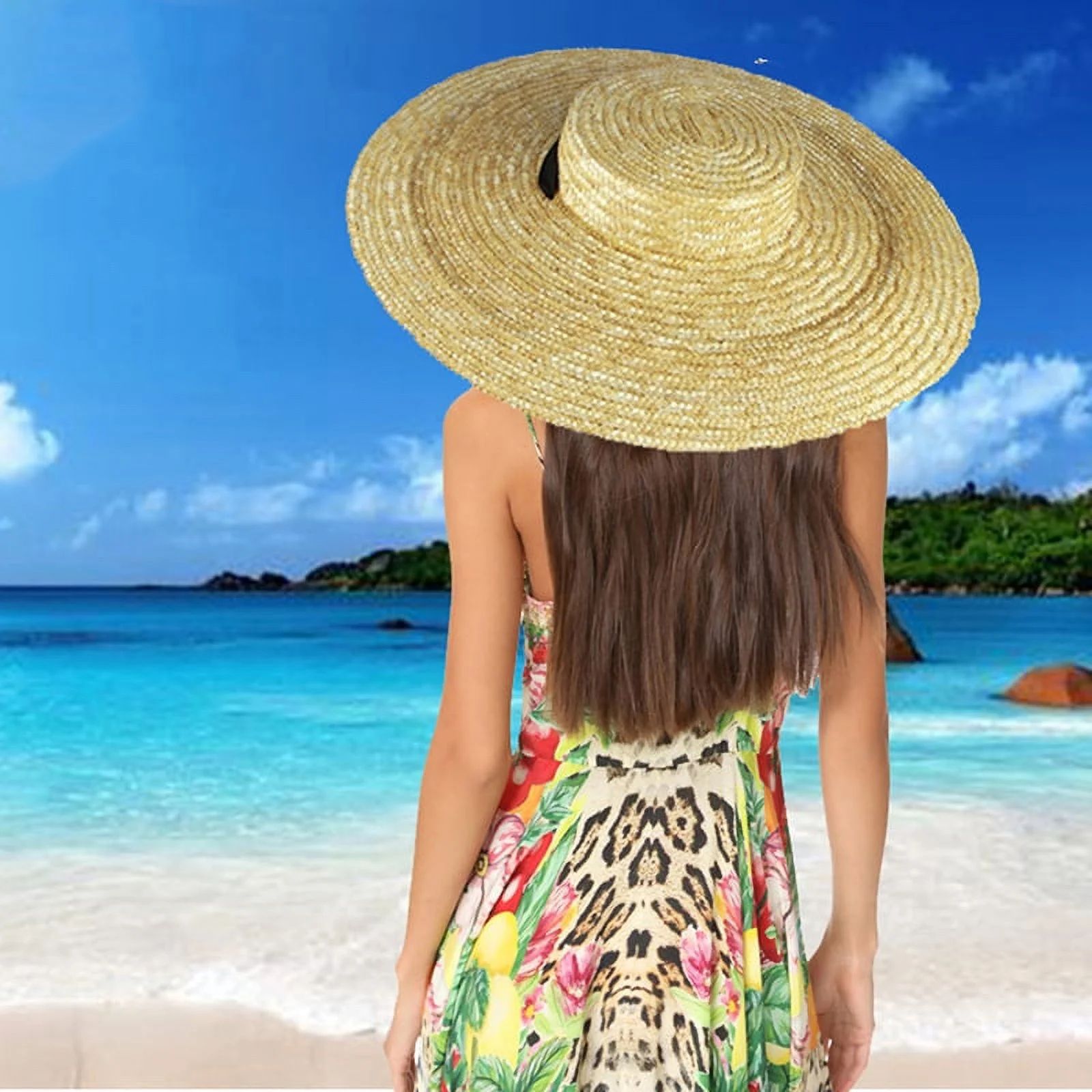 Summer Rough Straw Flat Top Large Brim Tie Straw Hat Wide Brim Women's Hat Stylish Beach Straw Ha... | Walmart (US)