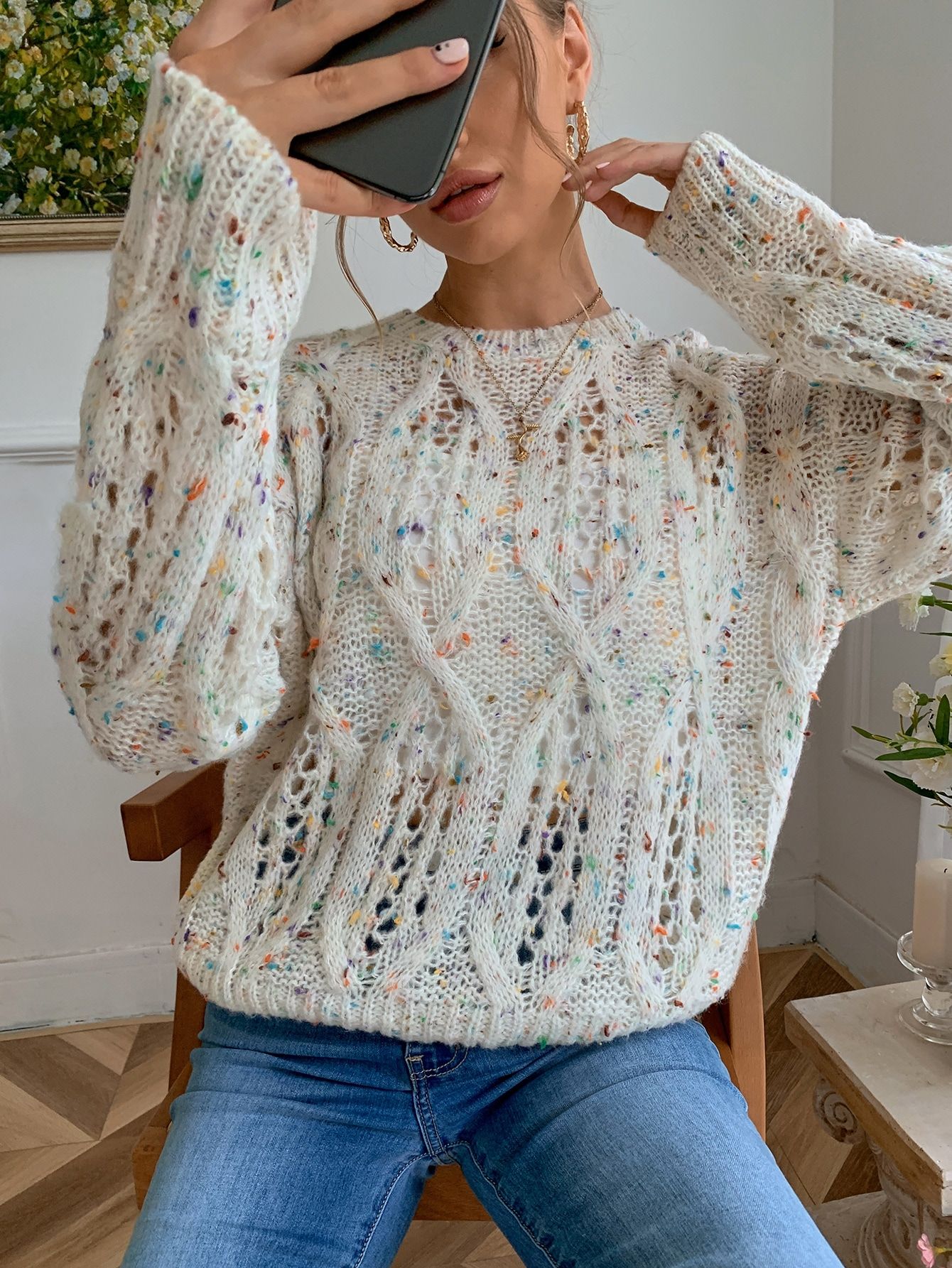 Pointelle Knit Drop Shoulder Confetti Sweater | SHEIN