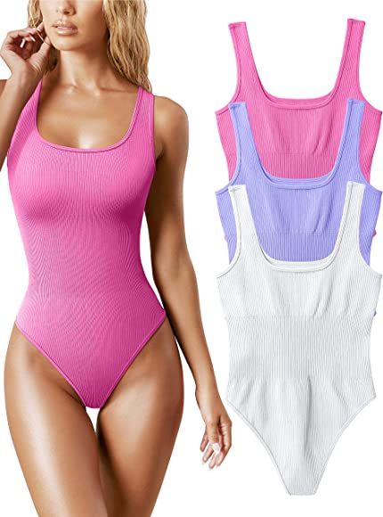 OQQ Women's 3 Piece Bodysuits Sexy Ribbed Sleeveless Square Neck Sleeveless Tank Tops Bodysuits | Amazon (CA)