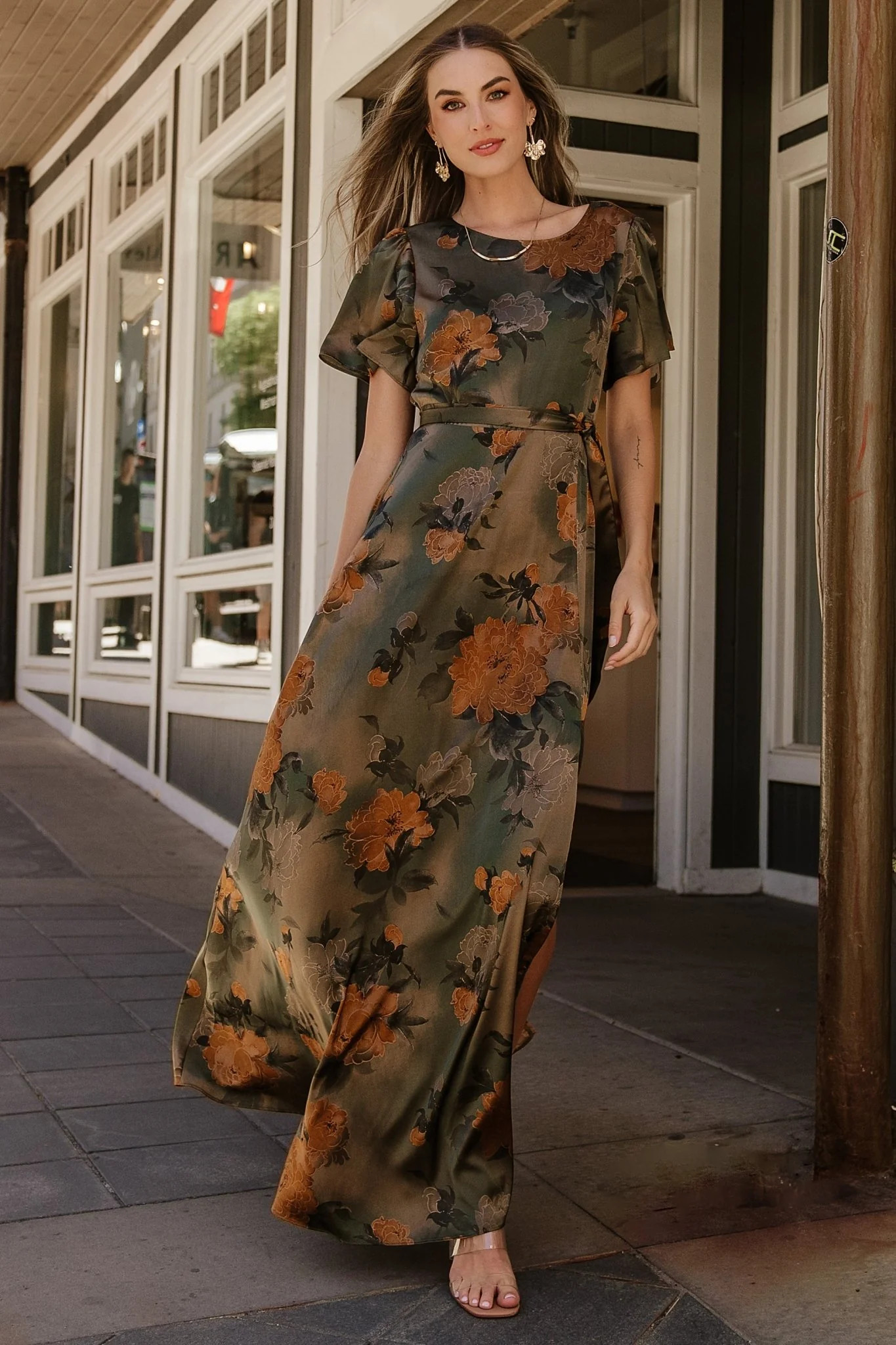 Agnes Satin Maxi Dress | Olive Floral | Baltic Born