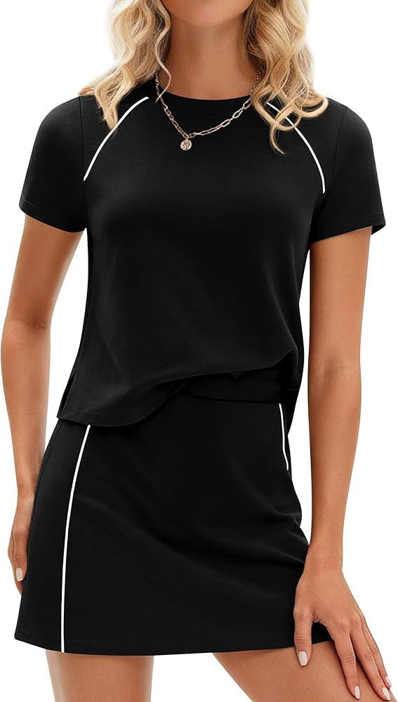 PRETTYGARDEN Women's 2026 Summer 2 Piece Skirt Sets Short Sleeve Shirts Tops Skorts Matching Work... | Amazon (US)