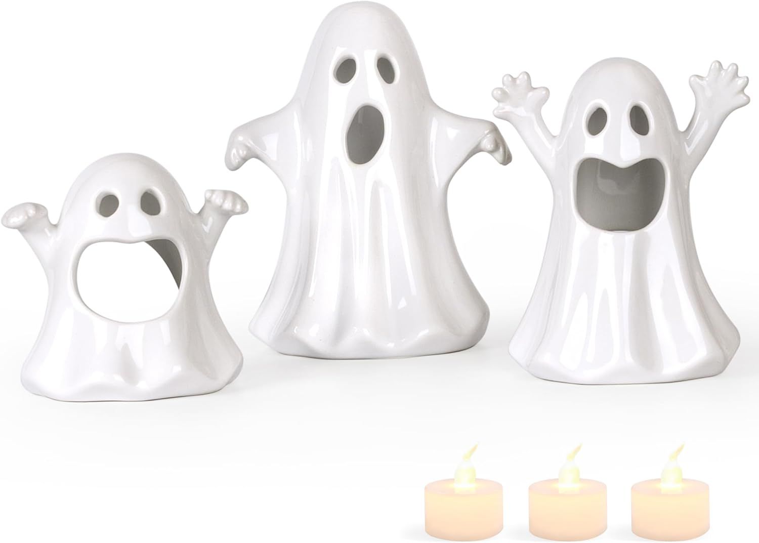 Sunlit Ceramic Ghost with 3 Tea Lights, Spooky Candle Holder Set of 3, Tabletop Indoor Halloween ... | Amazon (US)