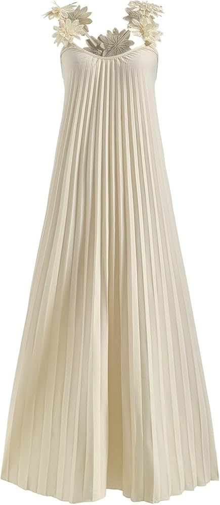 Women's 3D Floral Pleated Maxi Dress Summer Backless Scoop Neck Flowy Beach Vacation Dresses | Amazon (US)