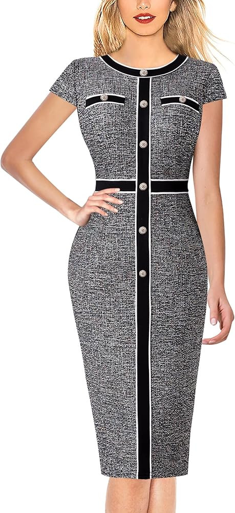 VFSHOW Womens Buttons Patchwork Work Business Office Party Bodycon Pencil Sheath Dress | Amazon (US)