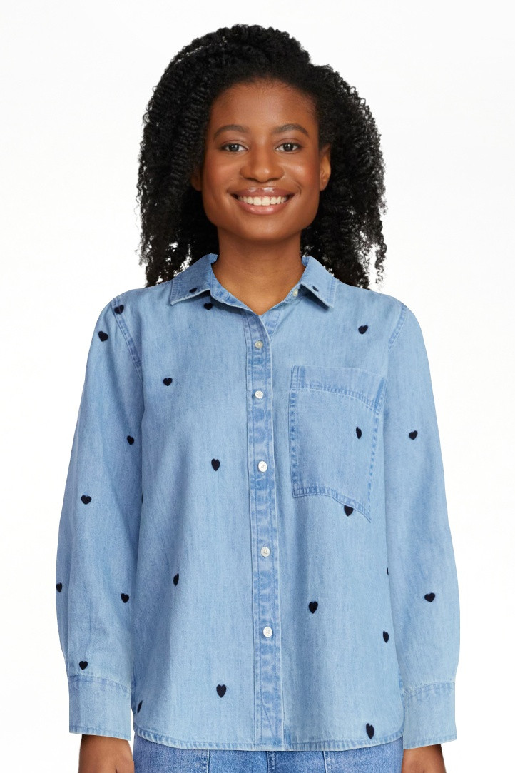Free Assembly Women's and Women’s Plus Embroidered Hearts Denim Shirt with Long Sleeves, Sizes ... | Walmart (US)
