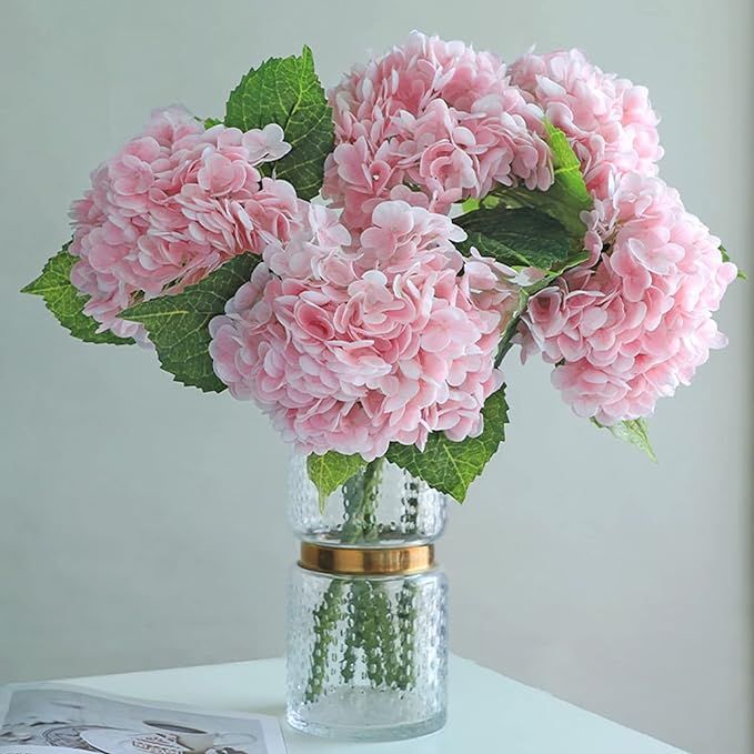 YalzoneMet Pink Hydrangea Artificial Flowers 3 Pcs Lifelike Light Real Touch Fake Latex 21inch La... | Amazon (US)