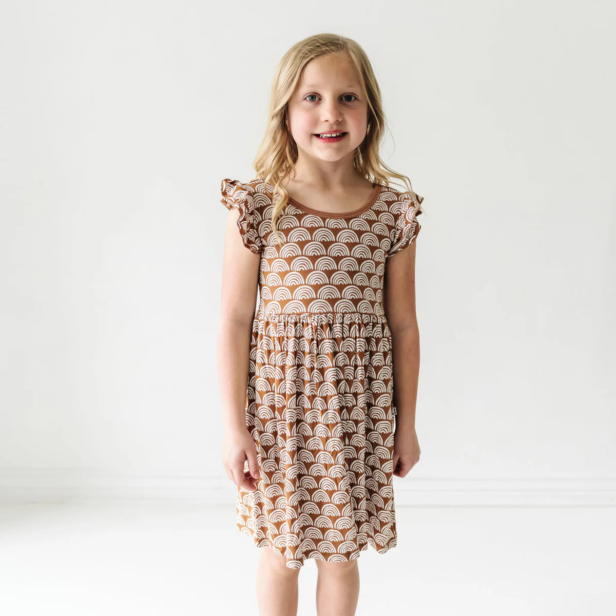 Rust Rainbows Short Flutter Sleeve Skater Dress | Little Sleepies