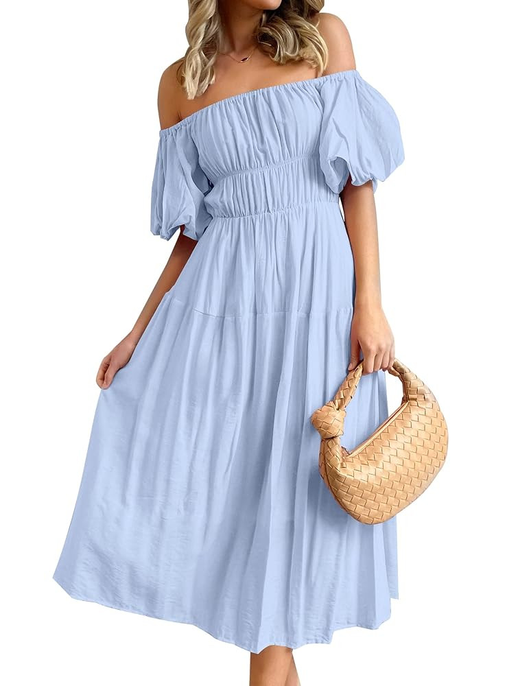 ZESICA Women's Sexy Boho Off Shoulder Puff Short Sleeve High Waist Ruffled Flowy A Line Beach Par... | Amazon (US)