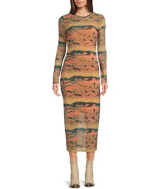 Wrangler® Retro® Desert Landscape Printed Long Sleeve Mesh Midi Dress | Dillard's