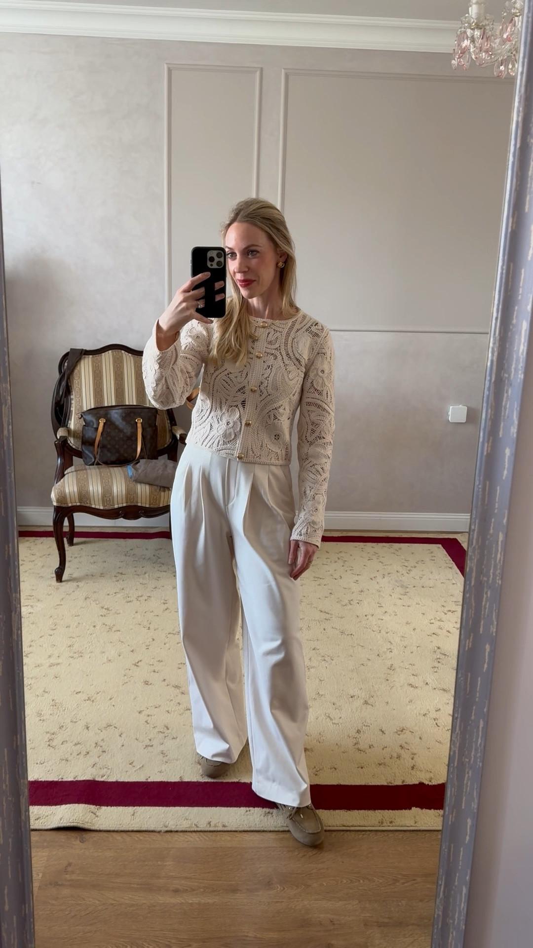 Work wear outfit, crochet cardigan, cream wide leg pants, suede driving loafers, style over 40

#LTKFindsUnder50 #LTKWorkwear #LTKOver40