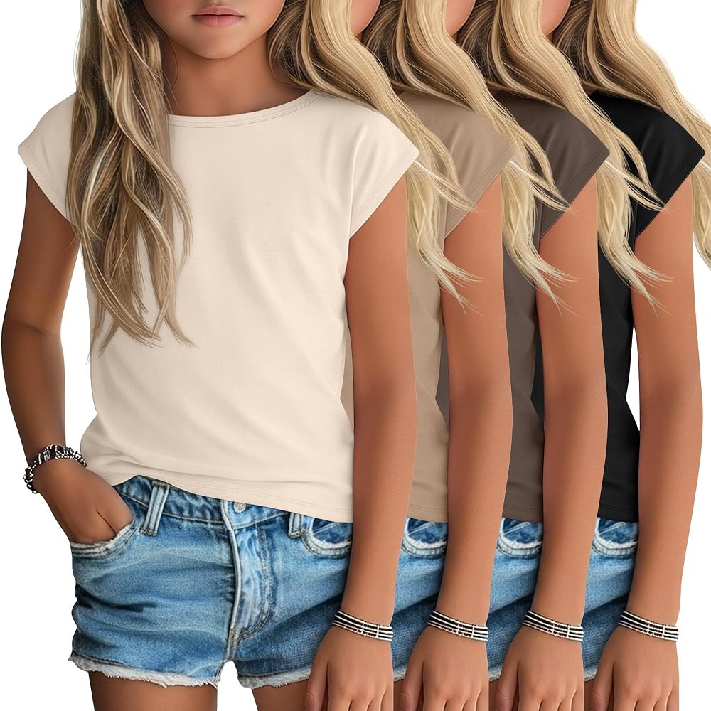 4 Pack Girls Short Cap Sleeve T Shirts Kids Loose Boat Neck Basic Tees Summer Casual Tops Multipa... | Amazon (US)