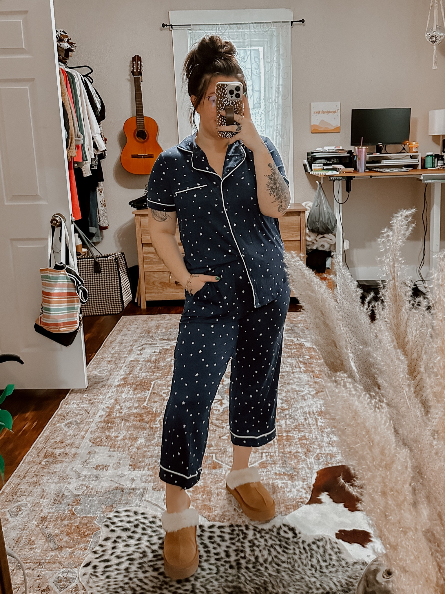 Walmart fashion Joyspun Walmart pajamas! Capri style navy blue with stars! Functional buttons and pockets! Super soft and stretchy - wearing size medium! Platform seude fuzzy slippers also Walmart Joyspun! 

#LTKU #LTKSeasonal #LTKshoecrush