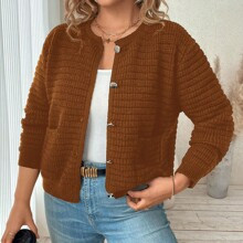 Plus Size Women's Solid Color Long Sleeve Single-Breasted Cardigan With Double Pockets, Autumn And Winter | SHEIN